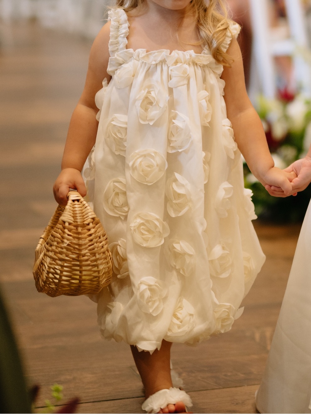 Flower Girl White Satin Dress with Basket